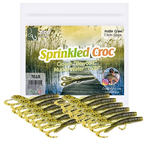 Zite Fishing Creature Bait Gummiköder Inzite Craw - 12 STK Drop Shot Finesse Angelköder Barsch & Zander Angeln - Auch UV-Aktive Kunstköder Farben (Sprinkled Croc)
