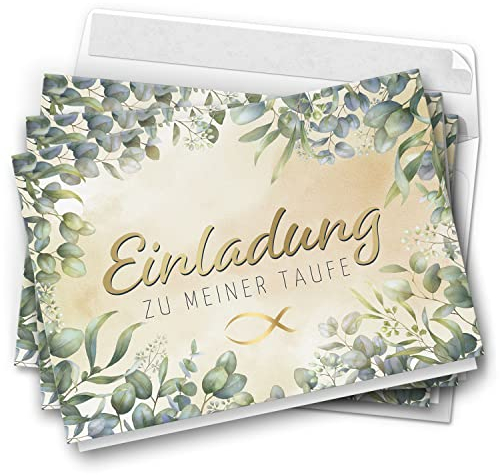 10 Einladungskarten Taufe - Motiv Eukalyptus modern - moderne Klappkarten mit Umschlägen - Einladungen zu Taufe Kirche Einladung Karten