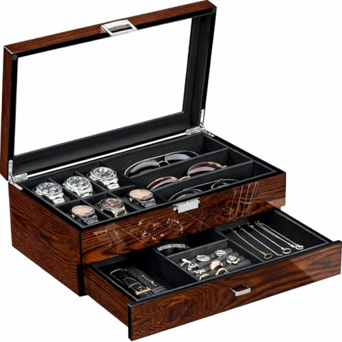BEWISHOME Herren-Schmuckschatulle aus Holz, Organizer für 6 Uhren und 3 Sonnenbrillen für Herren, Holz-Uhren-Vitrine mit Glasdeckel und PU-Leder-Innenseite