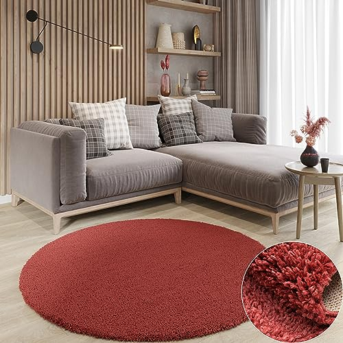 MY-RUG Teppich Shaggy Star Hochflor rund weinrot 120 x 120 cm - Wohnzimmer Teppich, Flauschig, Modern
