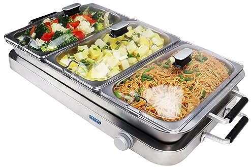 Callow Large Stainless Steel Buffet Warmer - Warm Function, Stainless Steel Buffet Warmer, Hotplate, Food Warmer Server, 3 x 2.5L Large trays plus one Large Single Tray & 3 Serving Spoons Included
