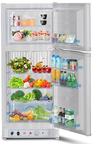 Techomey Frigo Congélateur Gaz/220V, Frigo Congélateur Combiné 175 litres (129+46), Réfrigérateur Congélateur Camping Gaz, Silencieux pour Gîte, Garage, Cabanon, Chalet, Mobile-home, Blanc