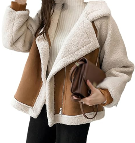 EGSDMNVSQ Giacca Invernale Donna In Lana D'Agnello Giacca Motociclista Risvolto In Cotone Finta Pelle Scamosciata Calda Cerniera Capispalla Autunno Inverno Manica Lunga Cappotto Allentato