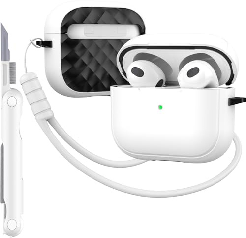 MHYALUDO-Hülle kompatibel mit AirPods 3 Generation mit Reinigungsset, vollständiger Fallschutz mit Trageband, Farbe,Jugendliches Macaron, kompatibel mit Airpods 3-Ladehülle, Weiß/Schwarz