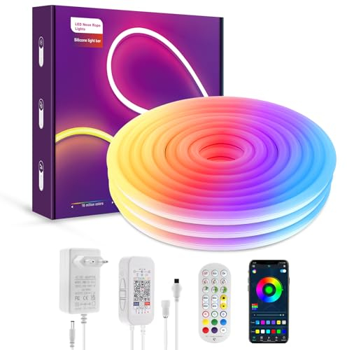 LUXONIC 3M RGBIC Neon Rope LED Streifen, Outdoor Wasserdicht IP65,LED Bluetooth mit Fernbedienung, APP Steuerung,Flexible Neon LED Lichterkette für DIY Deko Gaming Room, TV,Party und Schlafzimmer