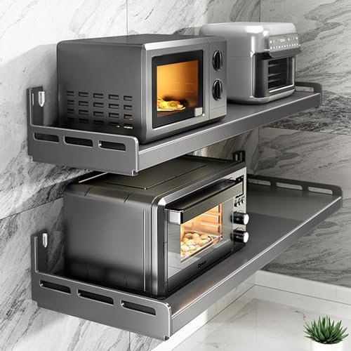 Double Layers Microwave Shelf Wall Mounted, Heavy Duty Wall Mount Support Shelves, Metal Microwave Oven Rack, Multifunctional Storage For Oven, Spices, Tableware ( Color : Gunmetal grey , Size : 40*60