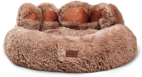 PETART Hundebett Bärenpfoten – Gemütliches Rundes Katzenbett für kleine bis mittelgroße Hunde und Katzen, Weiches Flauschiges Kunstfell-Hundebett (Khaki, XS-50cm)