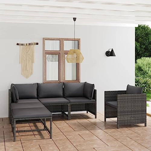 KOIECETA 6-TLG. Garten-Lounge-Set mit Kissen Poly Rattan Grau