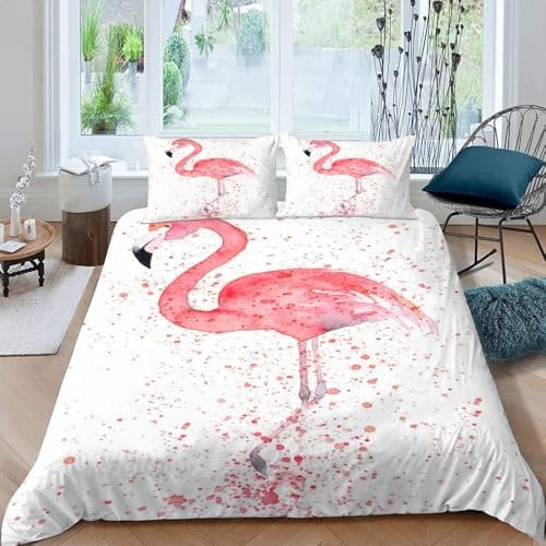 VULORA Bettwäsche 135x200 Flamingo Bettbezug mit Reißverschluss 100% Mikrofaser Bettwäsche-Sets für Junge Mädchen 3D Druck Rosa Cartoon Tiere Kinderbettwäsche mit 2 Kissenbezüge 80x80cm Sommer