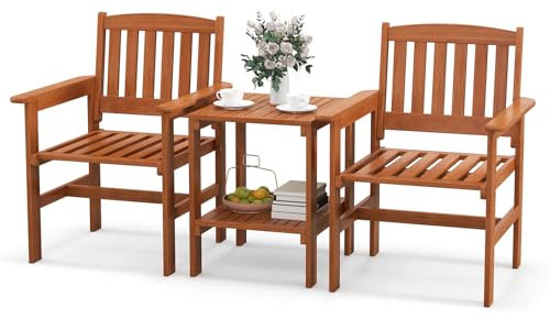 COSTWAY Ensemble de Meubles de Patio 2 Places en Bois, Salon de Jardin avec 2 Chaises Table Basse et Trou pour Parasol, Ensemble de 3 Meubles d'Extérieur pour Balcon Porche Terrasse (Séparé)