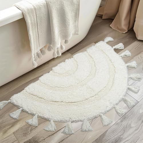 Halbkreisförmiger Boho-Badezimmerteppich mit Quasten, weiche, handgefertigte Baumwolle, Boho-Badematte, gehäkelt, rutschfest, saugfähig, waschbar, niedlicher Badteppich für Badewanne, Dusche, 106,7 x