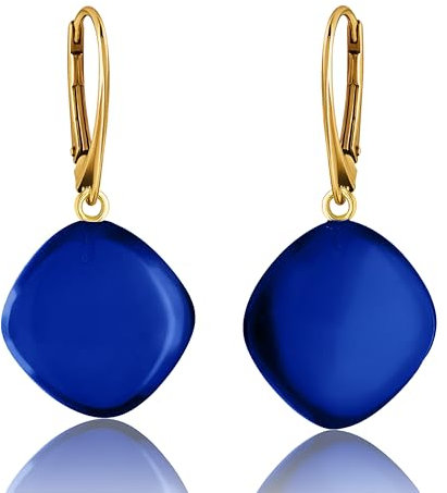 Amber by Mazukna - Blaue Bernstein Tropfen Ohrringe, Dunkelblau, Hängend Edelstein Schmuck für Frauen, mit Vergoldetem Silber-Ag925-Verschluss