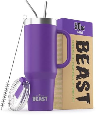 Beast Tumbler - 1500 ml (50 oz), Deep Purple | Reusable Stainless Steel, Vacuum Insulated Cup | with + 2 Straws & Cleaning Brush | Double Wall Travel Flask Perfect for Hot or Iced Coffee | BPA Free