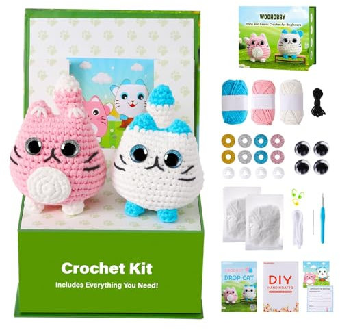 Woohobby Häkelset für Anfänger und Erwachsene, Schritt-für-Schritt-Video-Tutorials, 2er-Pack, Katzen-Häkeltier-Set mit Anfängergarn zum Häkeln, 2 gedruckte Anleitungen für Bastelliebhaber