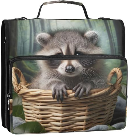 Ringordner mit 3 Ringen, 3,8 cm, D-Ring, niedlicher Waschbär-Tierdruck, Reißverschluss, Organizer mit Riemen, Mittelschultasche, professionelles Portfolio und Etui, Ringordnerhalter
