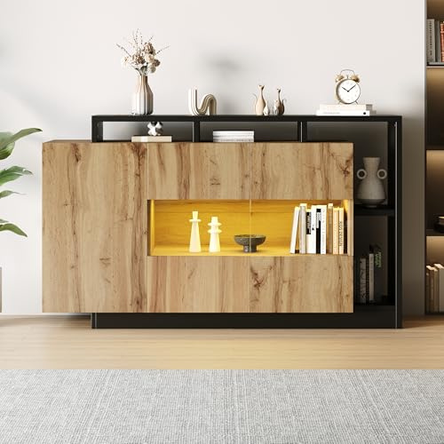 SUKY Modernes LED Sideboard, Mueble Aparador Salon Madera con LED, Control por Bluetooth, Mueble Auxiliar para Salón, Dormitorio y Pasillo, 140x44x94 cm