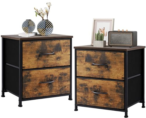 DUMOS Nachttisch 2er Set Beistelltisch Stoff Schubladenschrank Schmal Schrank Kommode Schlafzimmer Industrial Stil für Wohnzimme Kinderzimmer Flur Aufbewahrungsschrank