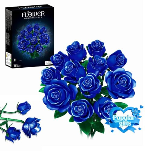 Rongmeiz Blumenstrauß Bausatz, 12 künstliche Blau Rosen botanische Sammlung Baustein Lernspielzeug Geschenk für Mädchen Kinder Frauen Valentinstag Muttertag Weihnachten Geburtstagsgeschenk, 634 Teile