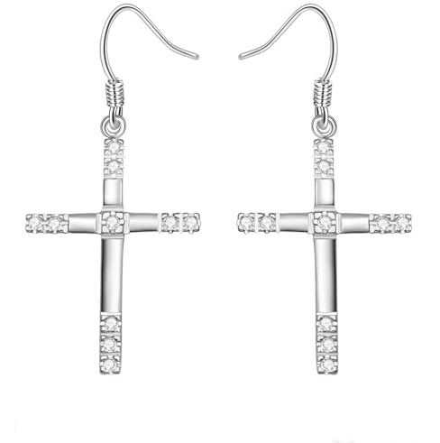 KnSam Echtes Schmuck Damen Ohrringe 18K 750 Weißgold, Ohrhänger Kreuz mit Diamant, Damen Ohrstecker Au750 Gold, Silber