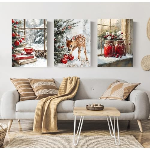 Xiyocadt 3-teiliges Poster Set,Weihnachtsdeko Leinwandbilder,Winter Bilder,Weihnachtsdekoration,Mehrteilige Wanddeko Wohnzimmer & Schlafzimmer,Ohne Rahmen (40x50cm)
