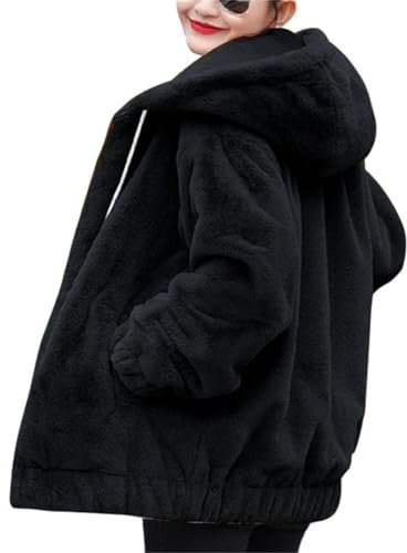 Edelaura Giacca da Donna in Peluche con Cappuccio e Cordino di Serraggio Modello Oversize Spesso in Pile Caldo Cappotto Invernale a Maniche Lunghe con Cerniera e Tasche Monocolore per Il Tempo Libero