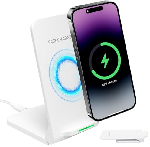 15W Foldable Wireless Charger Stand Wireless Charging Station for iPhone 17-11 XS XR, Android Wireless Charging Station Phone Inductive Charging Stand for Samsung Galaxy S23 S22 S21 S9 S8 White