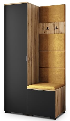 Masseno Flugarderoben Set Lori, Kleiderschrank-Set mit Sitzbank, Garderobenschrank Flur mit 3 Regalböden, Eiche Wotan/Schwarz