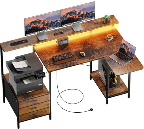 DLONGONE Computer Desk with Storage & Drawers, 140 x 85 cm Corner Desk | Brown Office Table with Monitor Stand, L Shaped Gaming Desks with LED & Power Outlets, for Home Office Workstation