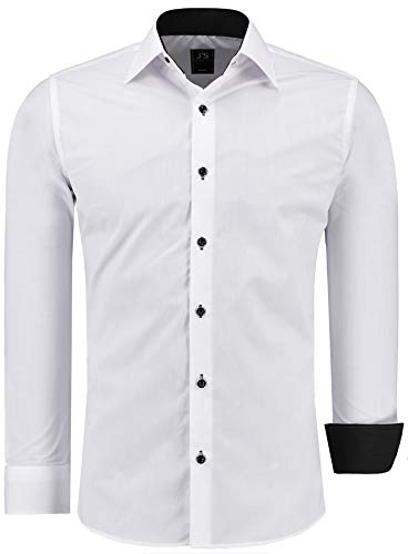 J'S FASHION Herren-Hemd - Slim-Fit - Langarm-Hemd Freizeithemd - Pflegeleicht Bügelleicht - Weiß mit Kontrast L