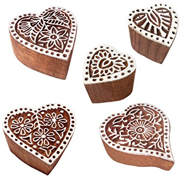 Jaipuri Muster Herz und Blumen Holz Stempel für Drucken (Set von 5)