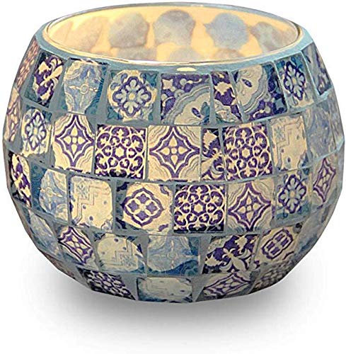 Renquen Portavelas de cristal azul y blanco con mosaico, portavelas de té, diseño de cristal azul y blanco, hecho a mano, estilo mosaico, decoración para fiestas, regalo de cumpleaños