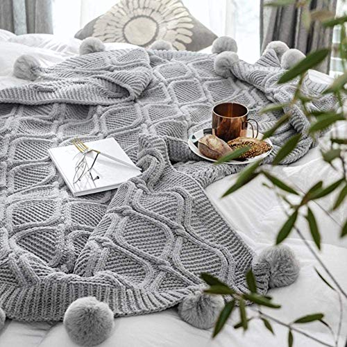 OliveSleep Hot Hot Hot Strickdecke, niedlicher Stil, klobige Chenille, Überwurf, Decke, Sofa, Bett, Stricken mit Pompons, Dekoration, weich, warm, (grau, 130 x 160 cm)
