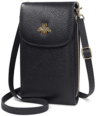 HNOOM Handytasche zum Umhängen Damen Handy Umhängetasche Echtes Leder Frauen Geldbeutel mit 7 Kartenfächer Crossbody Handytasche Schultertasche Brieftasche für Handy unter 6.5 Zoll (Schwarz)