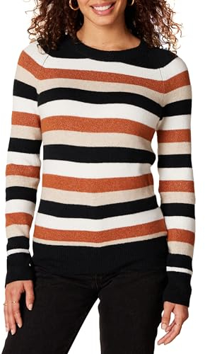Amazon Essentials Damen Regular-Fit Langarm-Pullover Rundhalsausschnitt, Schwarz Braun Rugby-Streifen, L