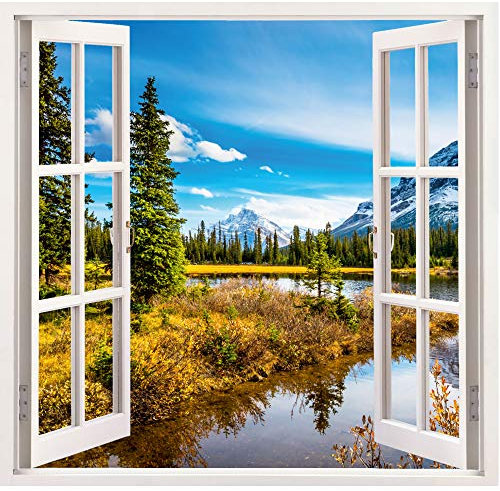 Fenster mit Aussicht - Wandaufkleber selbstklebend - Wanddekoration (107 x 104 cm, Berge)