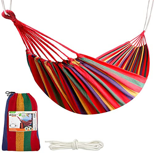 Aktive 52990 - Hängematte aus Baumwolle für Camping und Garten | Gartenhängematte für draußen | Maße 200x100 cm| Bis zu 200 kg belastbar | Mit Tragetasche