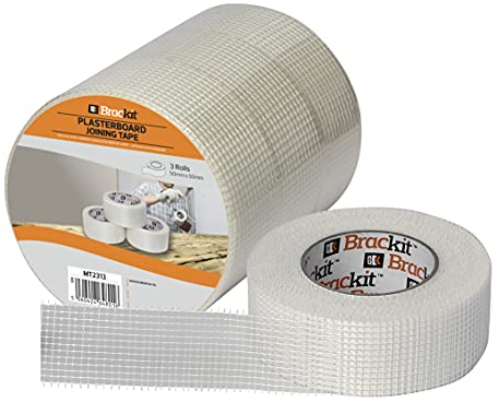 Brackit Lot de 3 rouleaux de ruban adhésif blanc pour plaques de plâtre - 48 mm x 50 m - Ruban adhésif en fibre de verre - Pour réparer les trous et les fissures