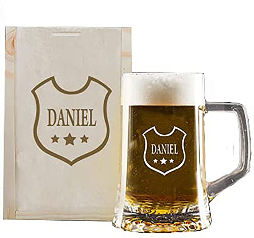 My original gift Chope à bière personnalisée avec nom et étui en bois gravé