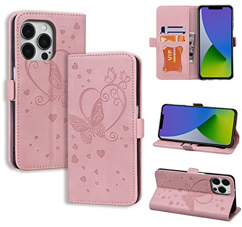 CASAFUNY Handyhülle für iPhone 14 Pro Hülle, PU Leder Tasche Cover mit Kartenfach Flip Case Magnetisch Klapphülle Schutzhülle für iPhone 14 Pro 6,1 Zoll 2022, Rosa