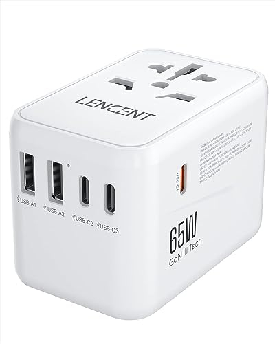 LENCENT Adaptateur de Voyage Prise Universelle Chargeur International GaN III 65W avec 2 USB & 3 USB-C PD Adaptateur International France vers USA Canada UK AUS Chine Japon Prise Monde Type A C G I
