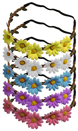 5 Stück Blumen-Stirnbänder, Gänseblümchen-Kranz-Stirnbänder, Kranz-Stirnbänder, Blumen-Haarschmuck, mehrfarbige Blumenkronen für Mädchen, Frauen, Gänseblümchen-Kranz-Hochzeits-Kopfbedeckungen