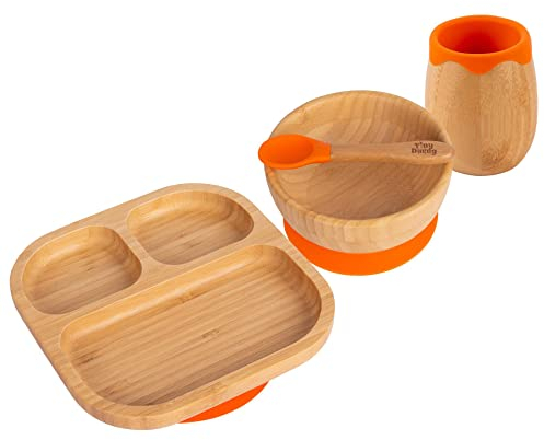 Tiny Dining Baby Feeding Set - Divided - Orange - 4pc - Divided Non-Slip Bamboo Self-Feeding Weaning Plate, Bowl, Drinking Cup & Spoon for Babies, Toddlers, Children