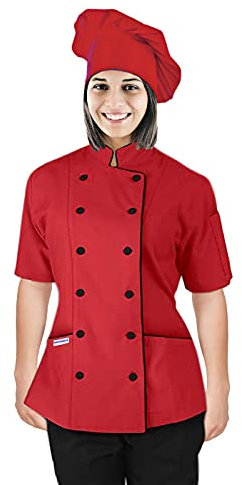 Kurzarm Kochmantel Jacke Uniform mit Kochmütze für Damen für Gastronomie, Bäcker und Kochprofis (Rot, L)