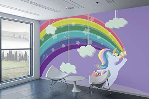 Papier Peint Panoramique Peintures Licorne Arc En Ciel 3D Poster Mural pour Salon Chambre Décoration Murale