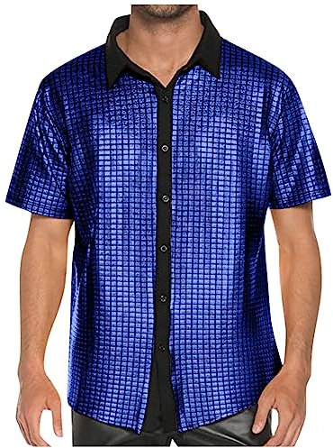 Azruma Unterhemden Herren Sweatshirt Herren Ohne Kapuze Hemden Sommer Baumwolle Glitzer Umlegekragen Kurzarm Hemd Mit Knopfleiste Bequem Shirts Basketball Shirt Herren (Blau, XL)