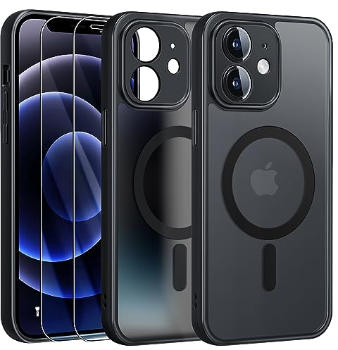 FLLAO Magnétique Coque pour iPhone 12 avec 2 Verre Trempé, Compatible avec MagSafe, Protection d'objectif Tout Compris, Etui Translucide Mat Arrière Housse Fine Antichoc Case (Noir)