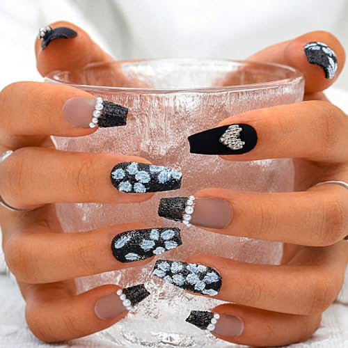 Sethexy Punk Long Coffin False Nails Handmade French Matte Acrylic Press On Nails Hand-painted Black Rose Fake Nails 3D Pearl Bear Salon Quality Nail for Women and Girls(Q)