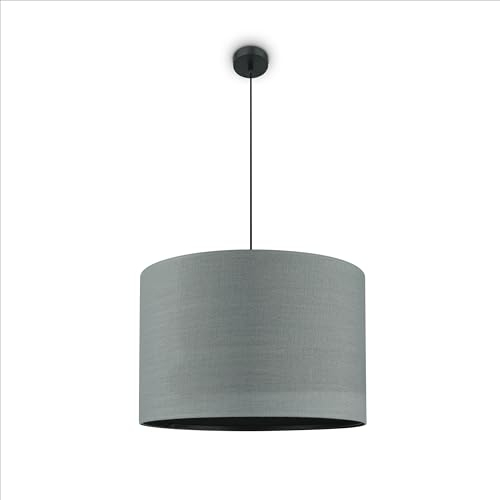 Paco Home Tischlampe Stehlampe Pendellampe Wohnzimmer Esszimmer Schlafzimmer Runder Schirm aus Stoff Modern Stylisch E27, Lampenart:Pendelleuchte 1-Flammig, Farbe:Grau Schwarz (Ø38cm)