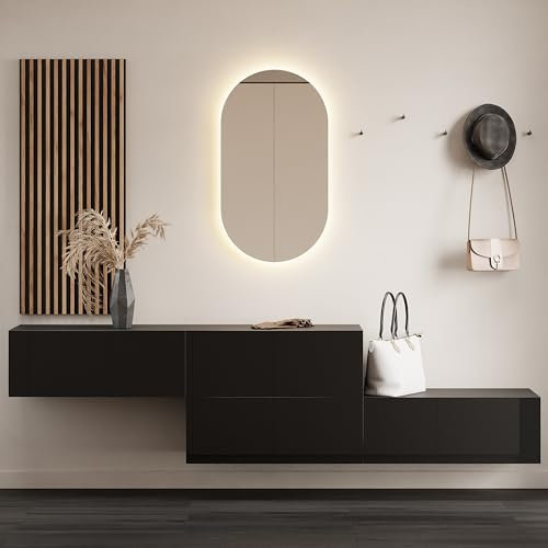 Planetmöbel Flur Möbel Garderobe 2X 160cm schwarz, Wandpaneel 50cm Gold Eiche/Anthrazit mit Spiegel 50cm (ohne LED), Wandgarderobe 32,5H x 160B x 37,8T cm