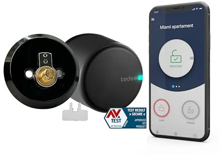 tedee Go Smart Lock con Bluetooth, AutoLock y aplicación, cerradura inteligente de puerta delantera de acceso sin llave para cerrojo de un solo cilindro, negro (adaptador de cerrojo + barra)
